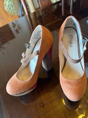 Candie's Orange Suede Mary Jane Heels with Pink Heel Accent